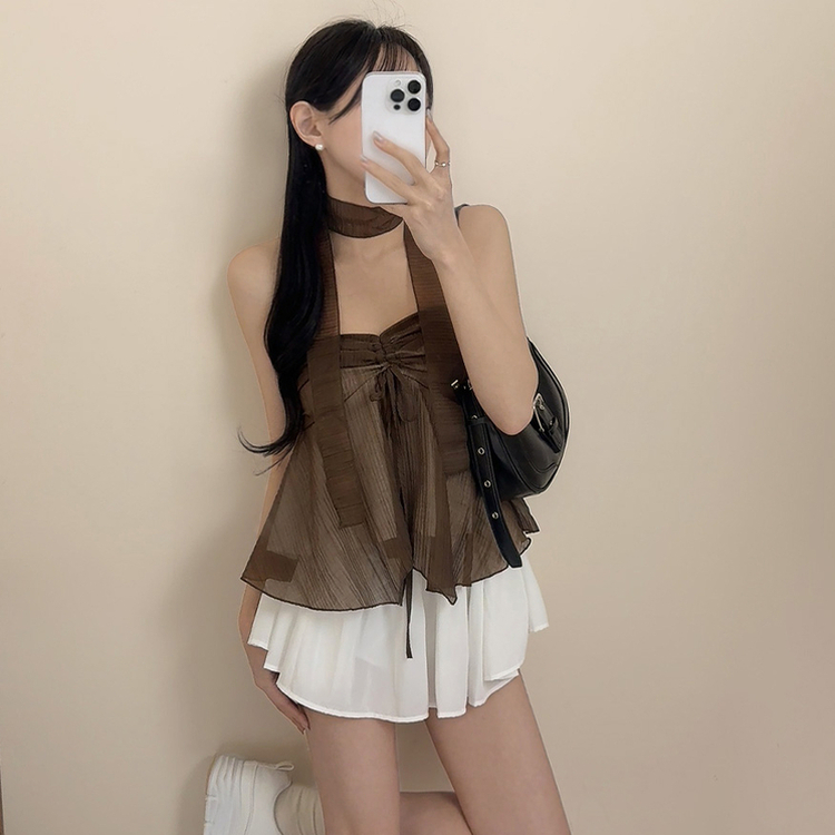 【マフラー付き】リボンシャーリングキャミソールブラウス BROWN