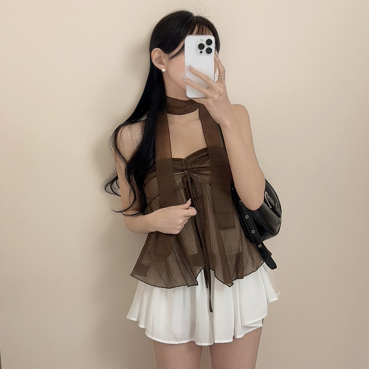 【マフラー付き】リボンシャーリングキャミソールブラウス BROWN