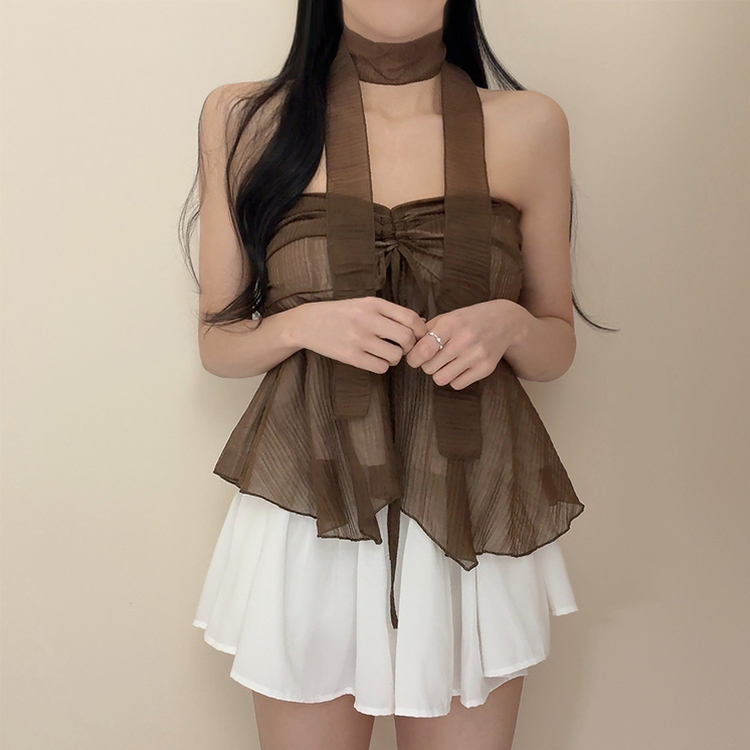 【マフラー付き】リボンシャーリングキャミソールブラウス BROWN