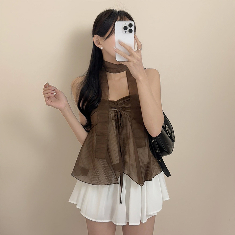 【マフラー付き】リボンシャーリングキャミソールブラウス BROWN