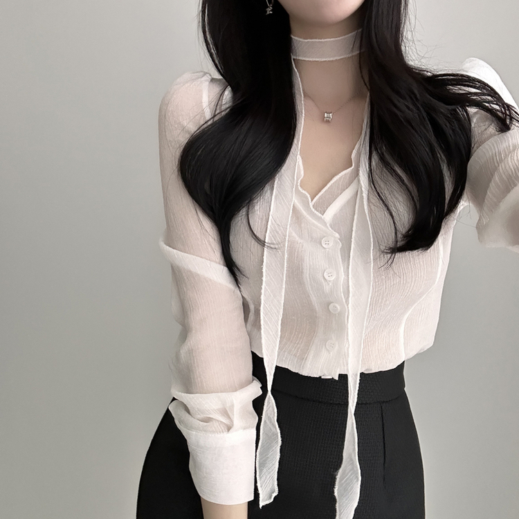 【マフラー付き】ロマンシースルーブラウス WHITE