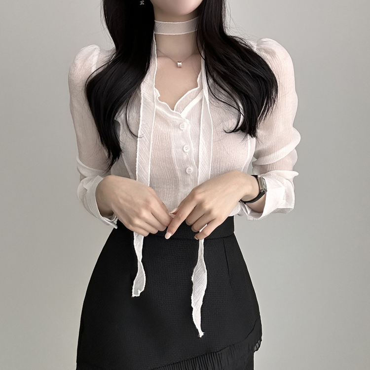 【マフラー付き】ロマンシースルーブラウス WHITE