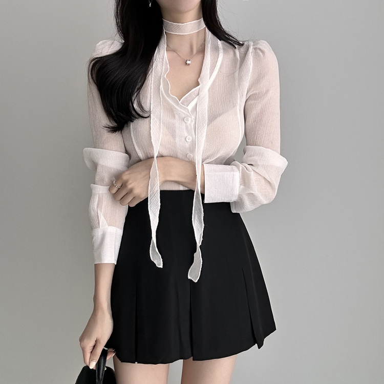 【マフラー付き】ロマンシースルーブラウス WHITE
