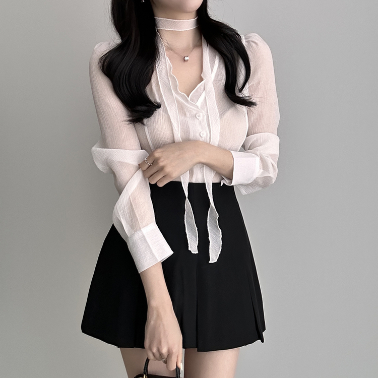 【マフラー付き】ロマンシースルーブラウス WHITE
