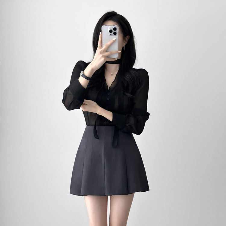 【マフラー付き】ロマンシースルーブラウス BLACK