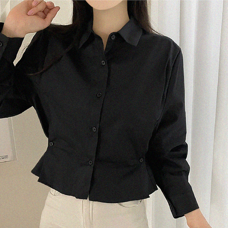 クロップサイドボタン長袖シャツ BLACK
