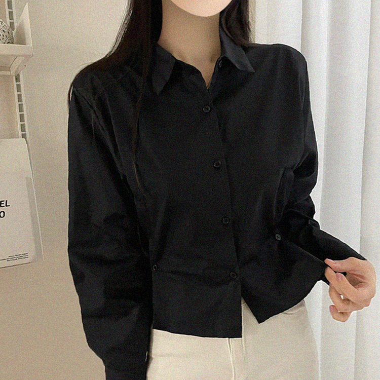 クロップサイドボタン長袖シャツ BLACK