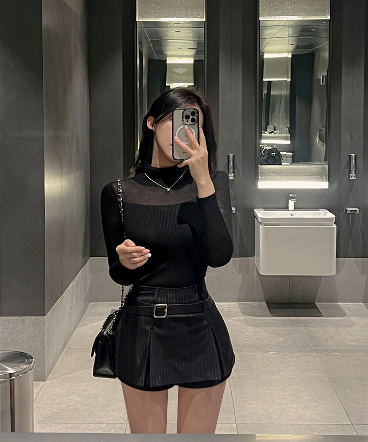 シースルーハーフネックニット BLACK