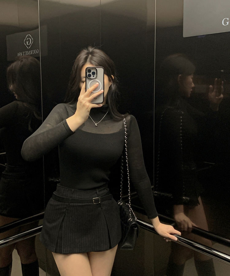 シースルーハーフネックニット BLACK