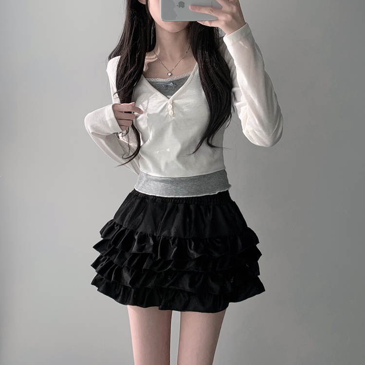 SET着用可能】レースリボン長袖Tシャツ ティアードミニスカート SET着用可能】レースリボン長袖Tシャツ ティアードミニスカート