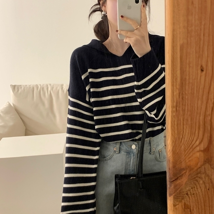 ハーフストライプカラーニット NAVY