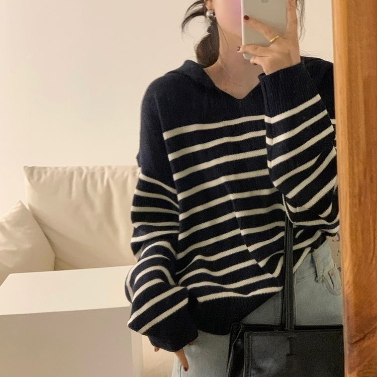 ハーフストライプカラーニット NAVY
