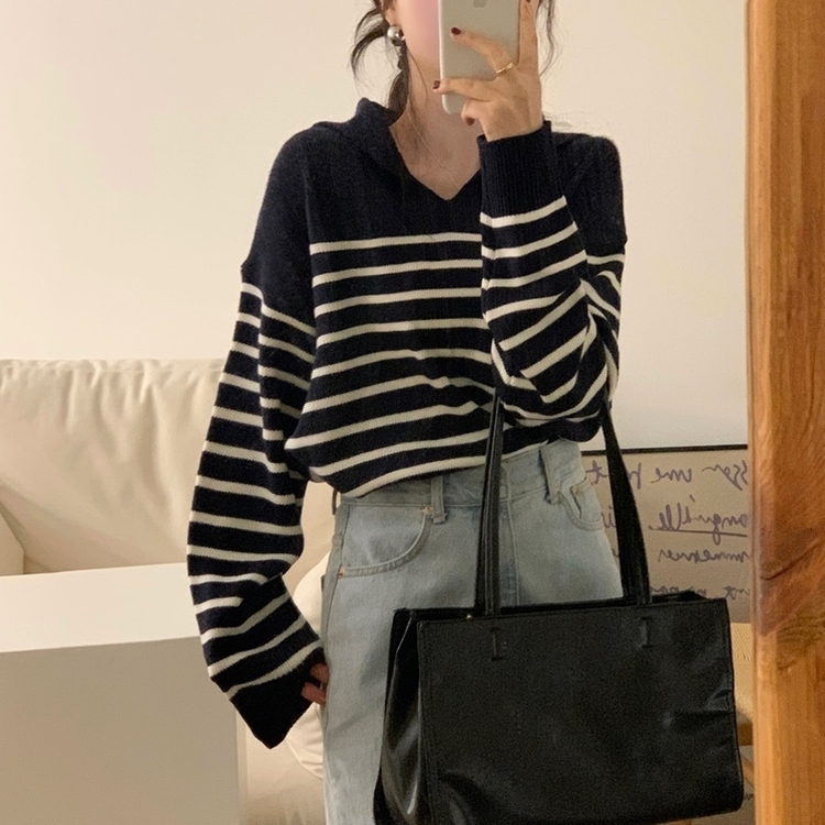 ハーフストライプカラーニット NAVY