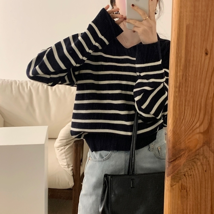 ハーフストライプカラーニット NAVY