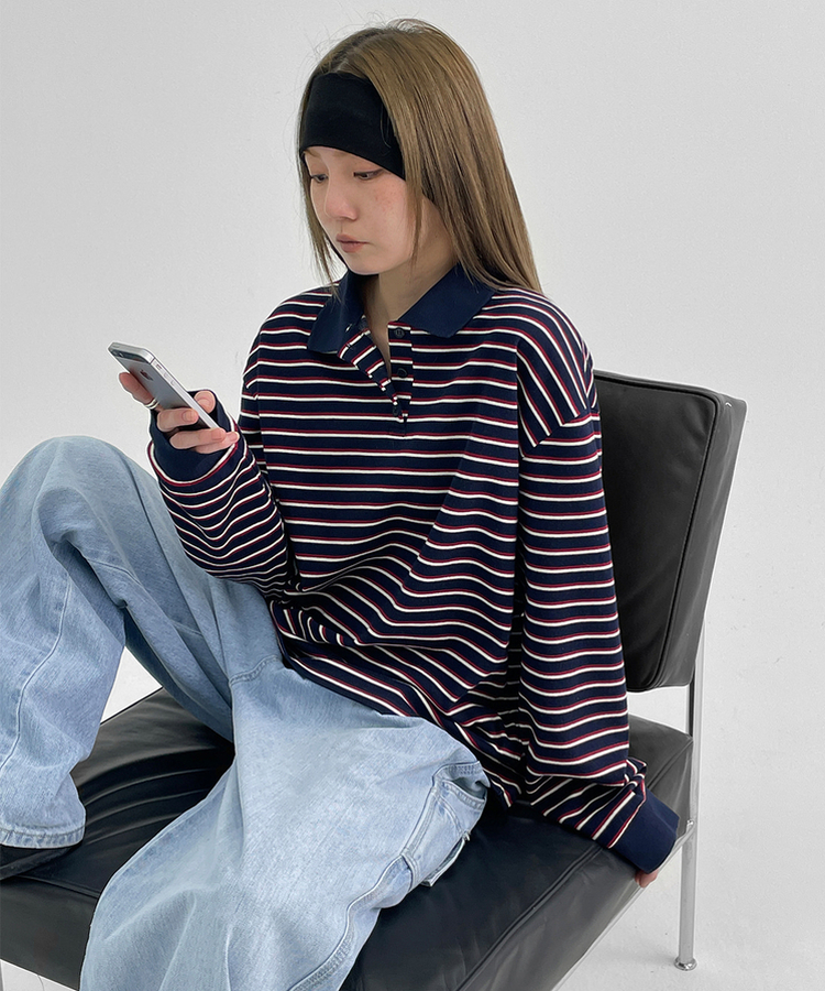 ストライプピケカラーTシャツ NAVY