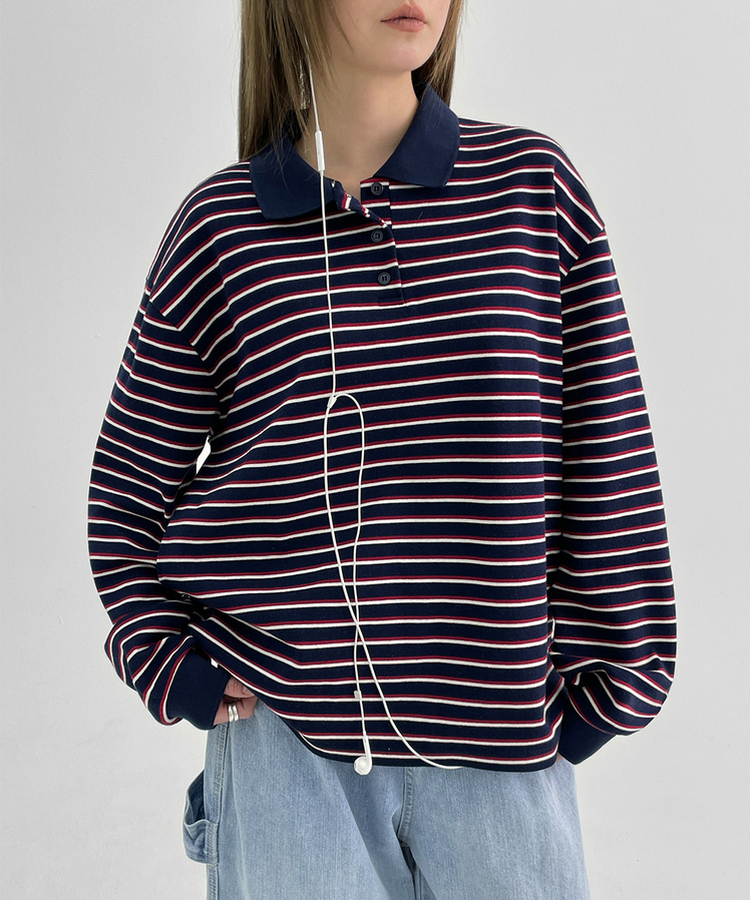 ストライプピケカラーTシャツ NAVY