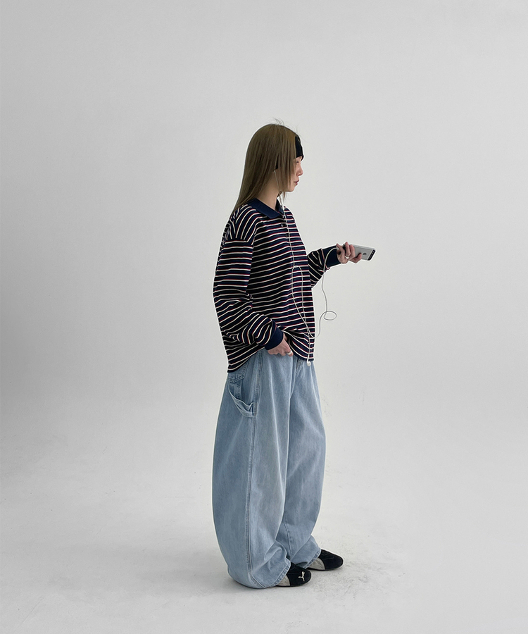 ストライプピケカラーTシャツ NAVY