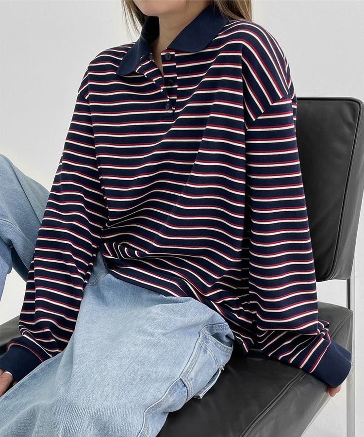 ストライプピケカラーTシャツ NAVY
