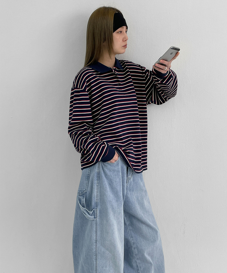 ストライプピケカラーTシャツ NAVY