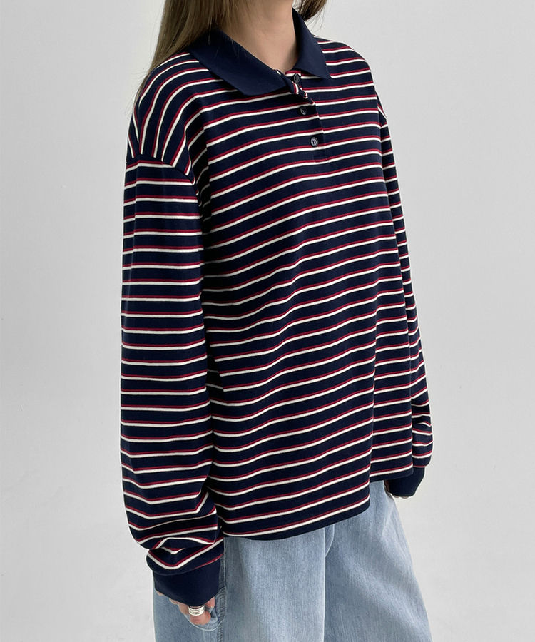 ストライプピケカラーTシャツ NAVY