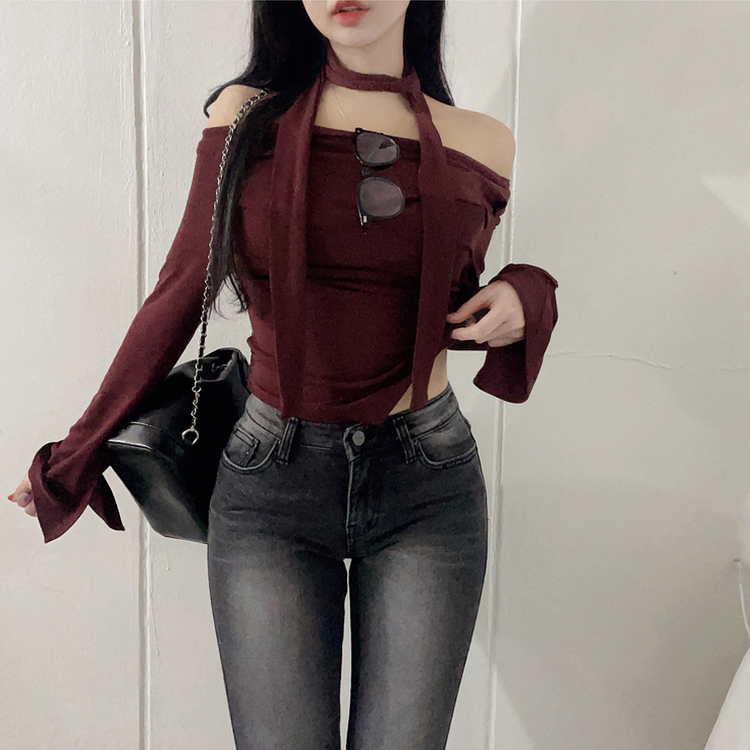 【マフラー付き】シャーリングスパンオフショルダーTシャツ WINE