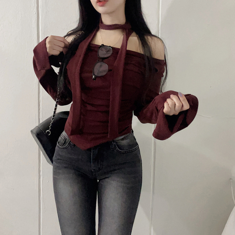 【マフラー付き】シャーリングスパンオフショルダーTシャツ WINE