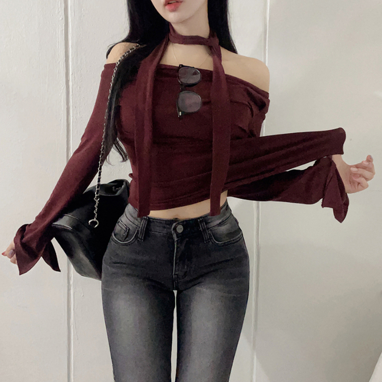 【マフラー付き】シャーリングスパンオフショルダーTシャツ WINE