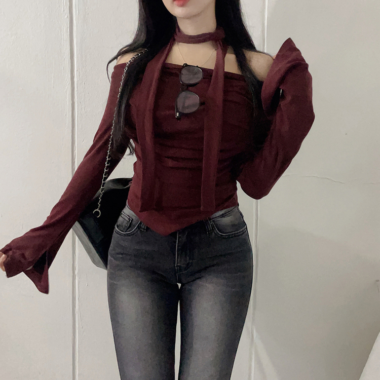 【マフラー付き】シャーリングスパンオフショルダーTシャツ WINE