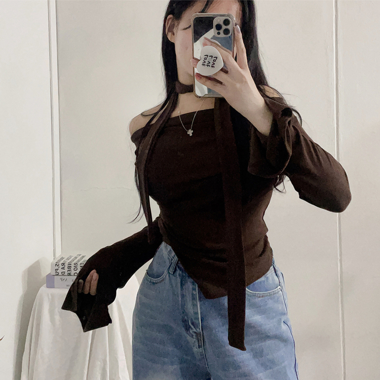 【マフラー付き】シャーリングスパンオフショルダーTシャツ BROWN