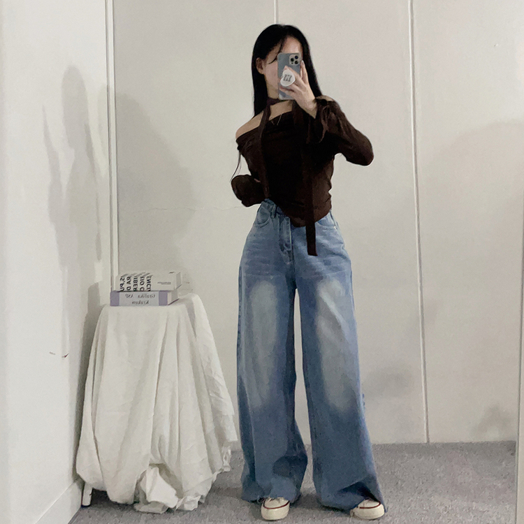 【マフラー付き】シャーリングスパンオフショルダーTシャツ BROWN