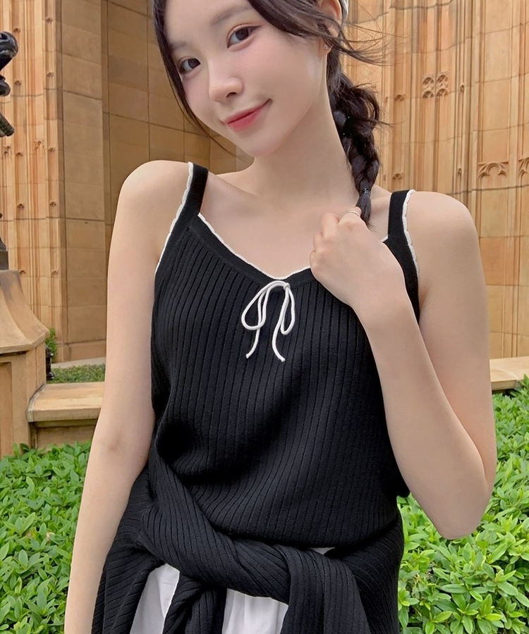 【SET】バイカラーカーディガン リボンキャミソー BLACK