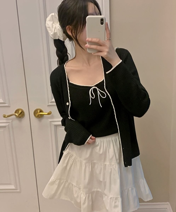 【SET】バイカラーカーディガン リボンキャミソー BLACK
