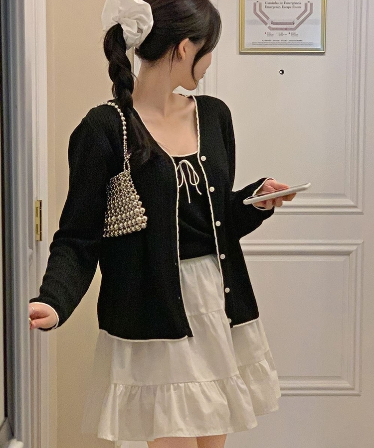 【SET】バイカラーカーディガン リボンキャミソー BLACK