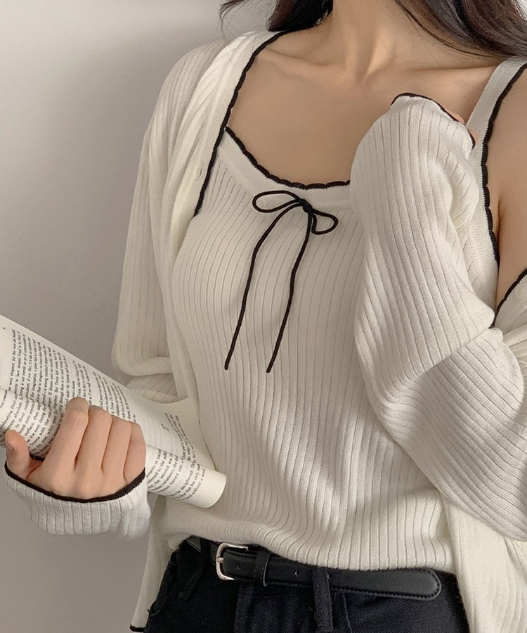 【SET】バイカラーカーディガン リボンキャミソー IVORY