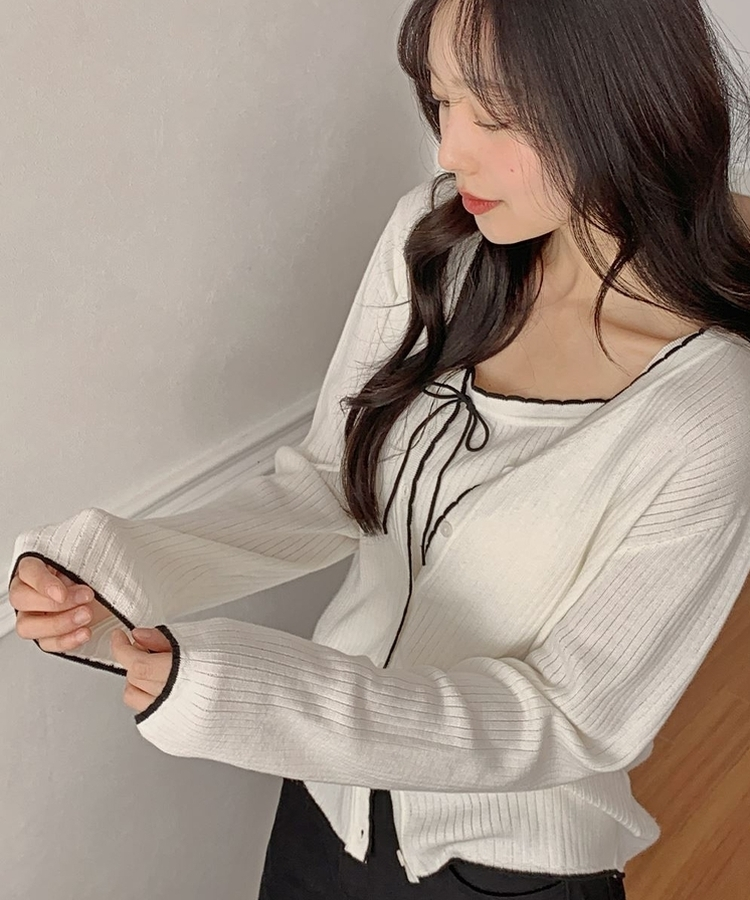 【SET】バイカラーカーディガン リボンキャミソー IVORY
