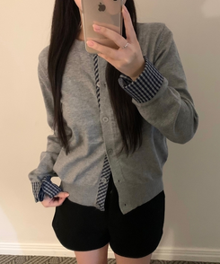 チェックバイカラーニットカーディガン GREY