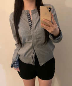 チェックバイカラーニットカーディガン GREY