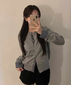 チェックバイカラーニットカーディガン GREY