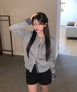 チェックバイカラーニットカーディガン GREY