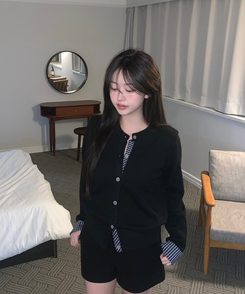 チェックバイカラーニットカーディガン BLACK