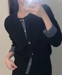 チェックバイカラーニットカーディガン BLACK