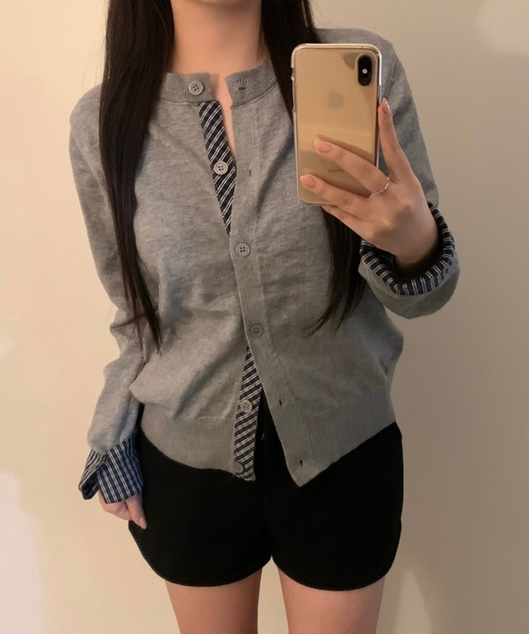 チェックバイカラーニットカーディガン GREY