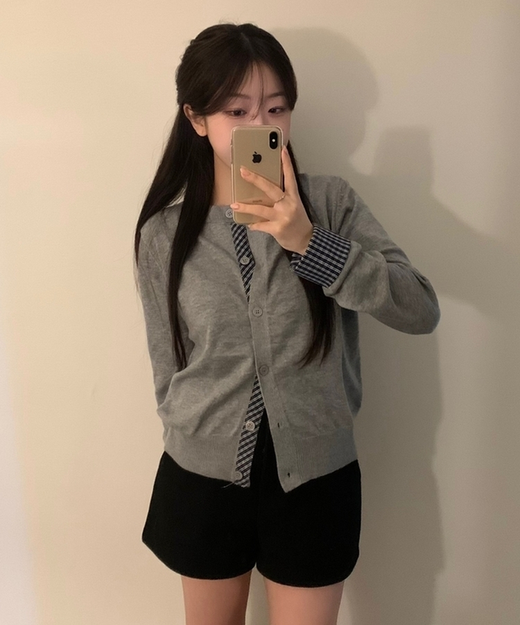 チェックバイカラーニットカーディガン GREY