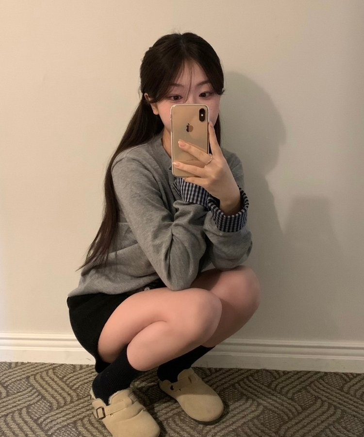 チェックバイカラーニットカーディガン GREY