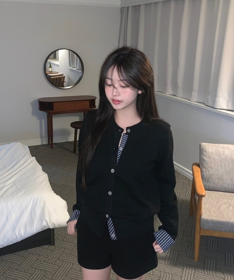 チェックバイカラーニットカーディガン BLACK