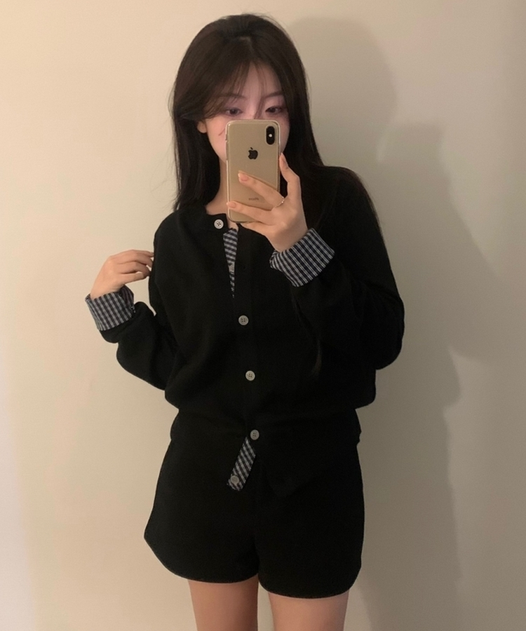 チェックバイカラーニットカーディガン BLACK