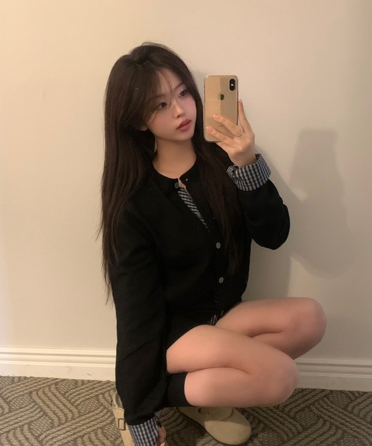 チェックバイカラーニットカーディガン BLACK