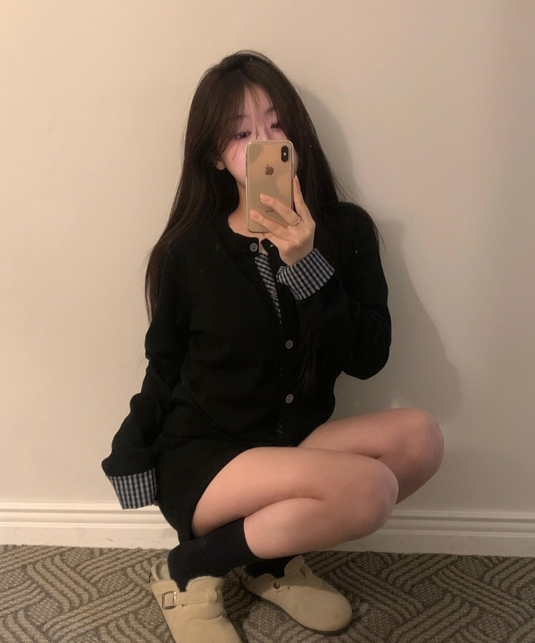 チェックバイカラーニットカーディガン BLACK