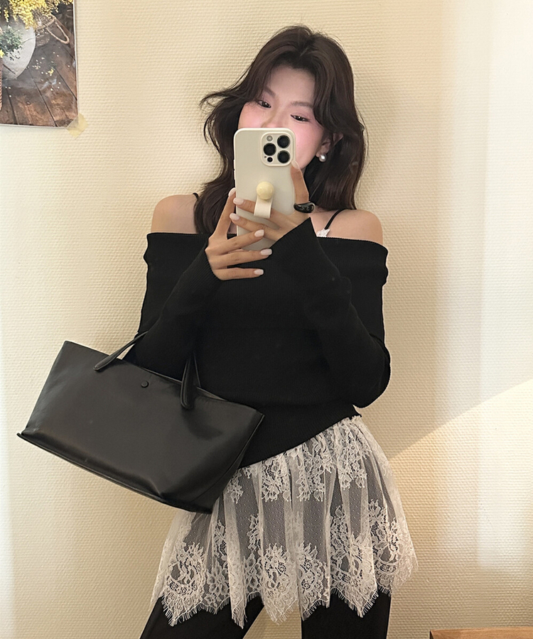 オフショルダーレースキャミソール BLACK