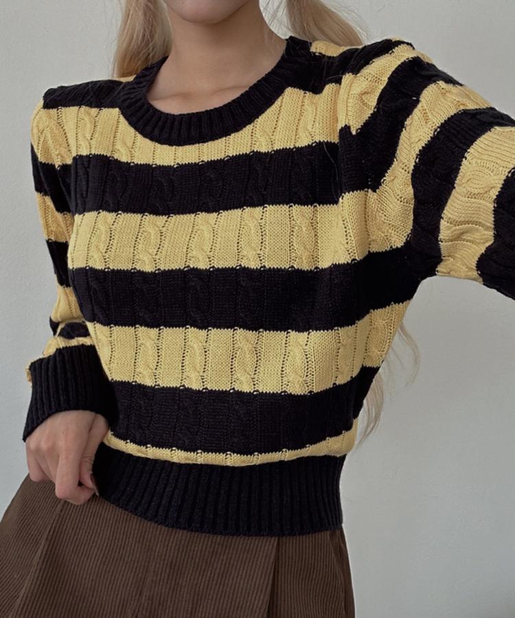 ケーブルストライプクロップニット(5color) NAVY